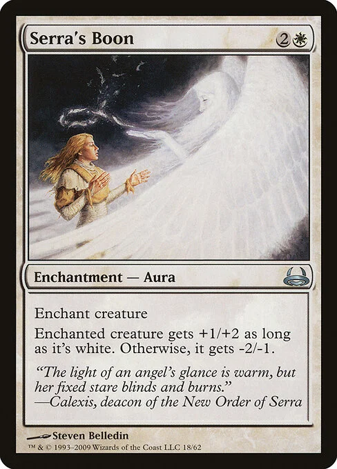 Serra's Boon, carta Magic di tipo Enchantment — Aura illustrata da Steven Belledin