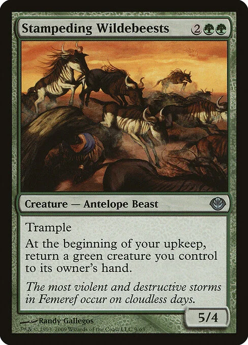 Stampeding Wildebeests, carta Magic di tipo Creature — Antelope Beast illustrata da Randy Gallegos