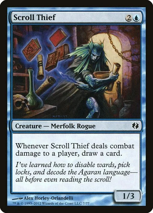 Scroll Thief, carta Magic di tipo Creature — Merfolk Rogue illustrata da Alex Horley-Orlandelli