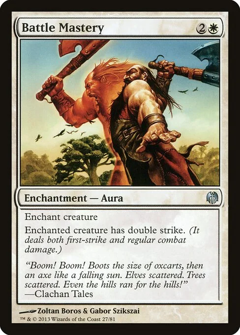 Battle Mastery, carta Magic di tipo Enchantment — Aura illustrata da Zoltan Boros & Gabor Szikszai