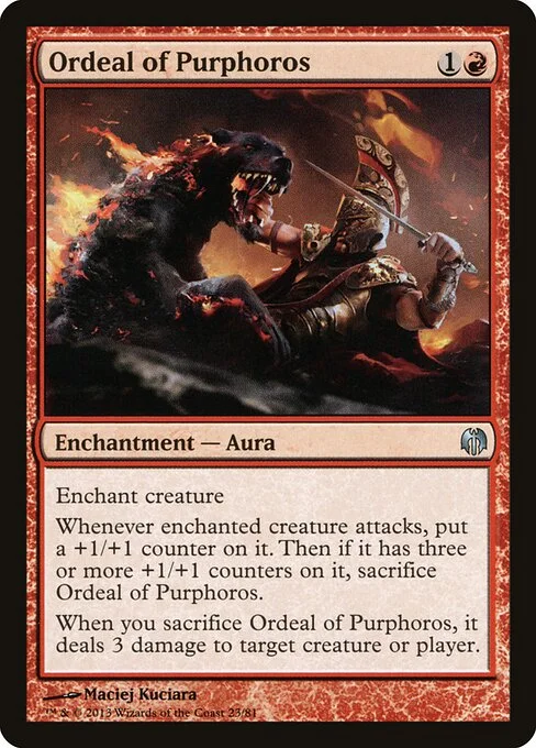 Ordeal of Purphoros, carta Magic di tipo Enchantment — Aura illustrata da Maciej Kuciara
