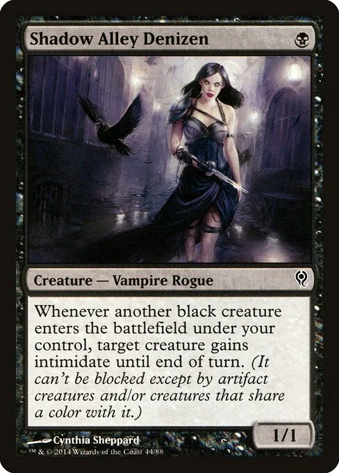 Shadow Alley Denizen, carta Magic di tipo Creature — Vampire Rogue illustrata da Cynthia Sheppard