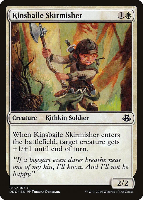 Kinsbaile Skirmisher, carta Magic di tipo Creature — Kithkin Soldier illustrata da Thomas Denmark