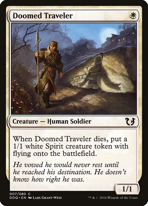 Doomed Traveler, carta Magic di tipo Creature — Human Soldier illustrata da Lars Grant-West