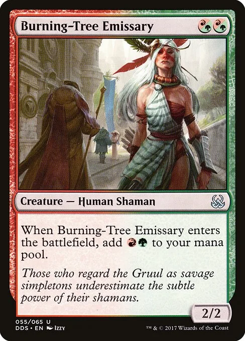Burning-Tree Emissary, carta Magic di tipo Creature — Human Shaman illustrata da Izzy