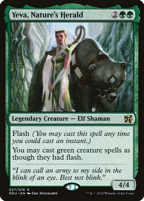 Yeva, Nature's Herald, carta Magic di tipo Legendary Creature — Elf Shaman illustrata da Eric Deschamps