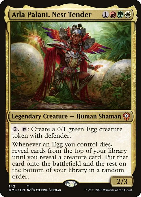 Atla Palani, Nest Tender, carta Magic di tipo Legendary Creature — Human Shaman illustrata da Ekaterina Burmak