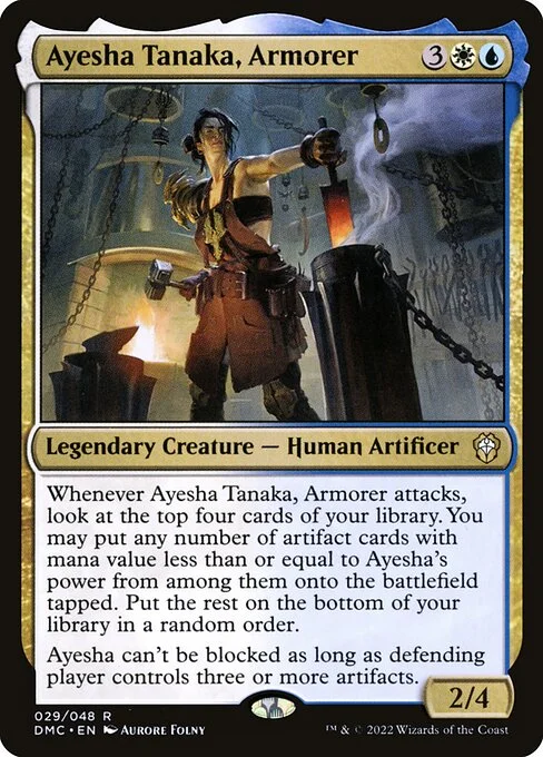 Ayesha Tanaka, Armorer, carta Magic di tipo Legendary Creature — Human Artificer illustrata da Aurore Folny