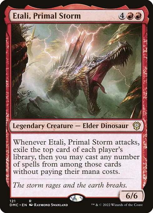 Etali, Primal Storm, carta Magic di tipo Legendary Creature — Elder Dinosaur illustrata da Raymond Swanland