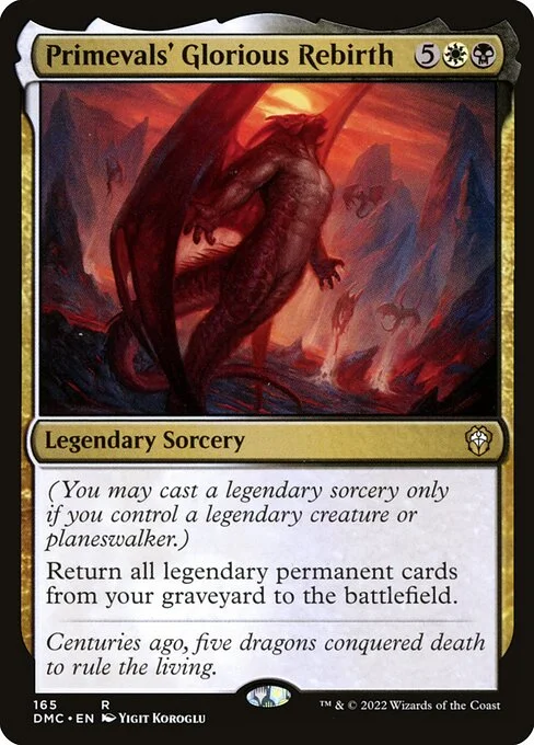 Primevals' Glorious Rebirth, carta Magic di tipo Legendary Sorcery illustrata da Yigit Koroglu
