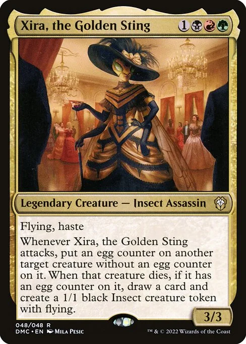Xira, the Golden Sting, carta Magic di tipo Legendary Creature — Insect Assassin illustrata da Mila Pesic