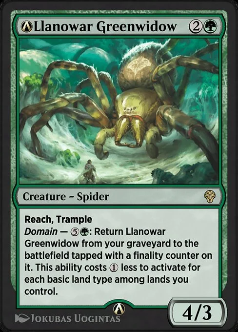 A-Llanowar Greenwidow, carta Magic di tipo Creature — Spider illustrata da Jokubas Uogintas