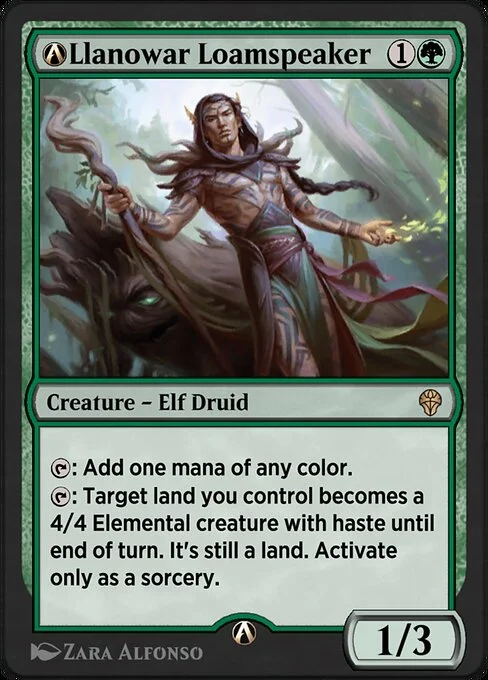 A-Llanowar Loamspeaker, carta Magic di tipo Creature — Elf Druid illustrata da Zara Alfonso