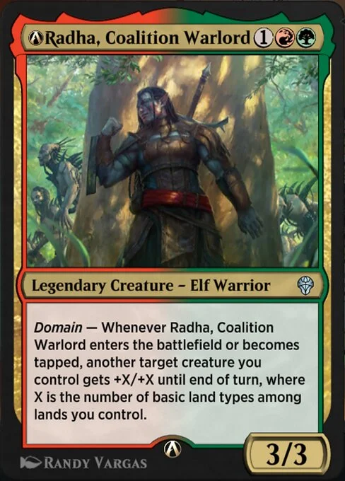 A-Radha, Coalition Warlord, carta Magic di tipo Legendary Creature — Elf Warrior illustrata da Randy Vargas