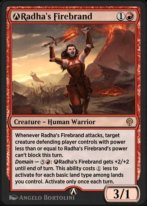 A-Radha's Firebrand, carta Magic di tipo Creature — Human Warrior illustrata da Ângelo Bortolini