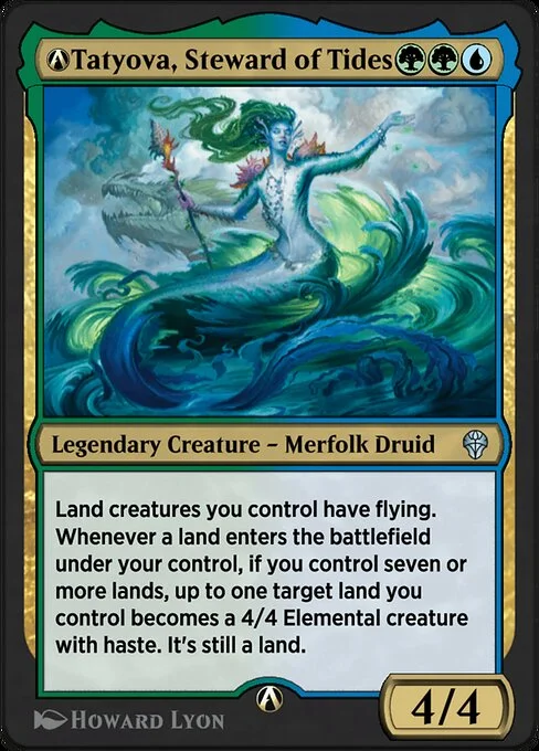 A-Tatyova, Steward of Tides, carta Magic di tipo Legendary Creature — Merfolk Druid illustrata da Howard Lyon
