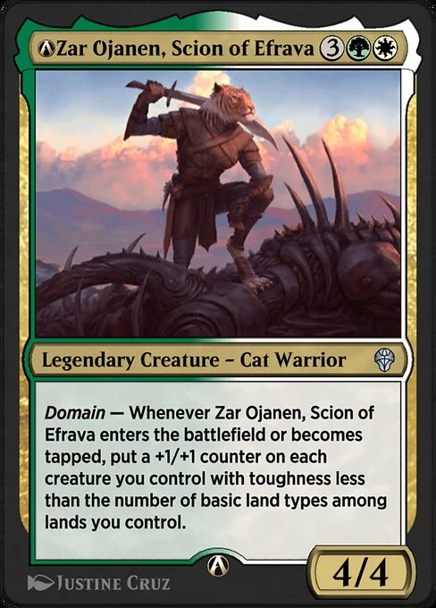 A-Zar Ojanen, Scion of Efrava, carta Magic di tipo Legendary Creature — Cat Warrior illustrata da Justine Cruz