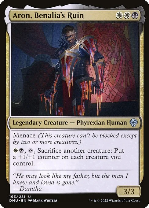 Aron, Benalia's Ruin, carta Magic di tipo Legendary Creature — Phyrexian Human illustrata da Mark Winters