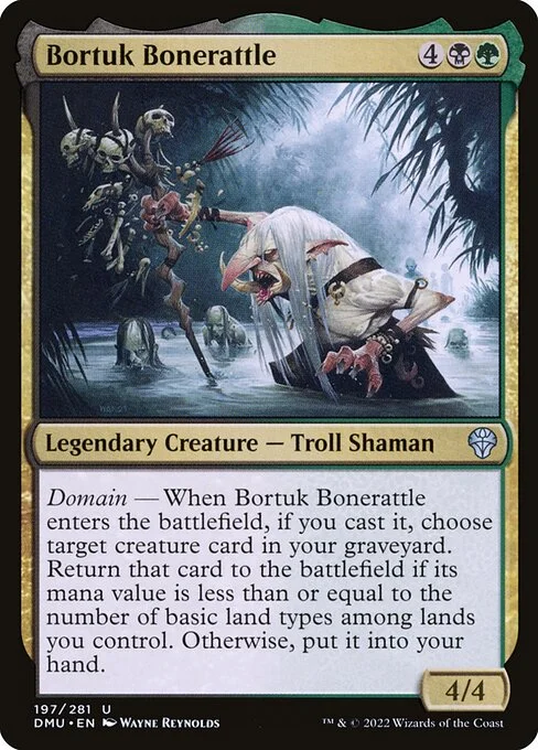 Bortuk Bonerattle, carta Magic di tipo Legendary Creature — Troll Shaman illustrata da Wayne Reynolds