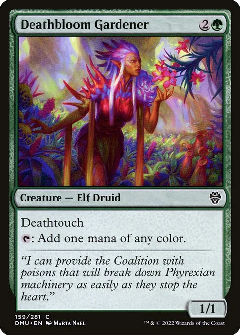 Deathbloom Gardener, carta Magic di tipo Creature — Elf Druid illustrata da Marta Nael