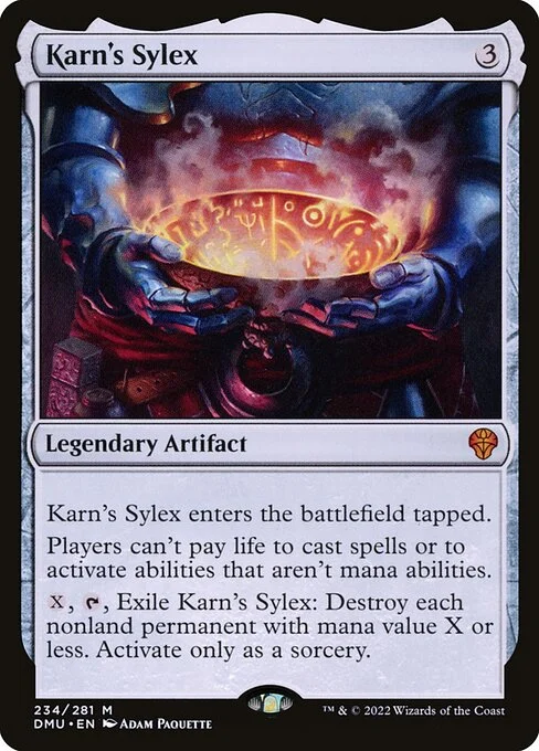 Karn's Sylex, carta Magic di tipo Legendary Artifact illustrata da Adam Paquette
