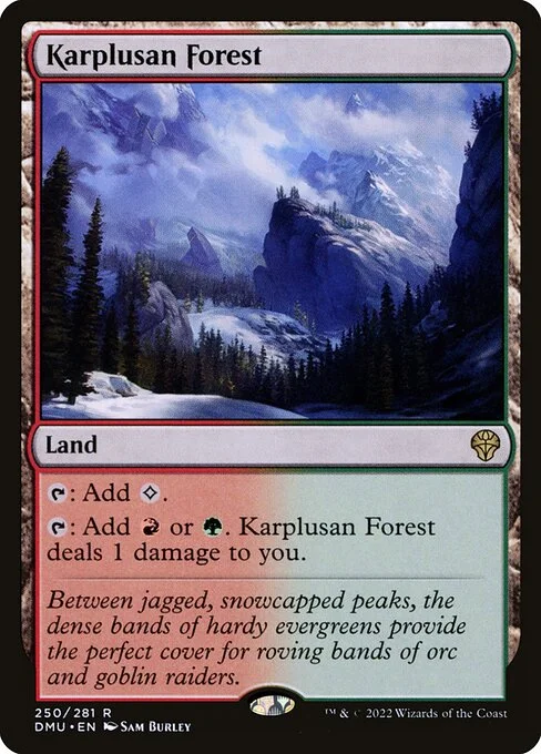 Karplusan Forest, carta Magic di tipo Land illustrata da Sam Burley