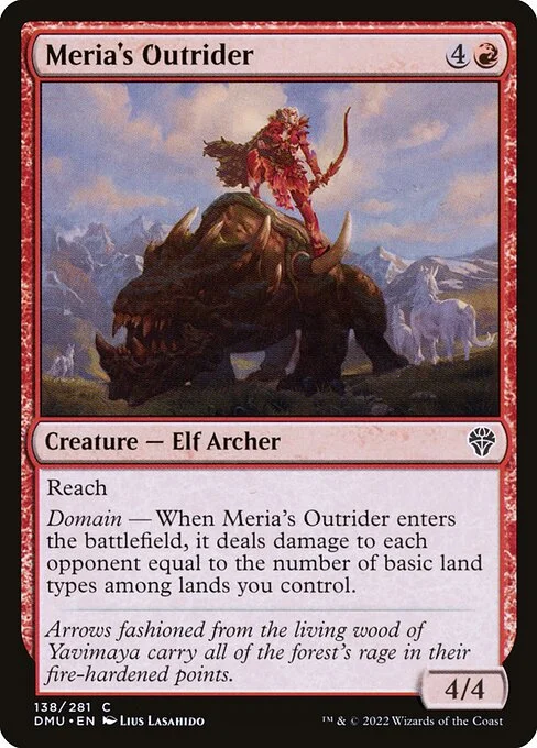 Meria's Outrider, carta Magic di tipo Creature — Elf Archer illustrata da Lius Lasahido