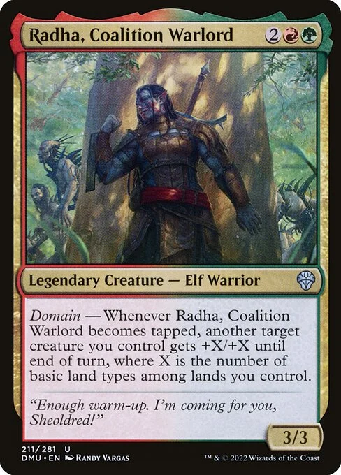 Radha, Coalition Warlord, carta Magic di tipo Legendary Creature — Elf Warrior illustrata da Randy Vargas