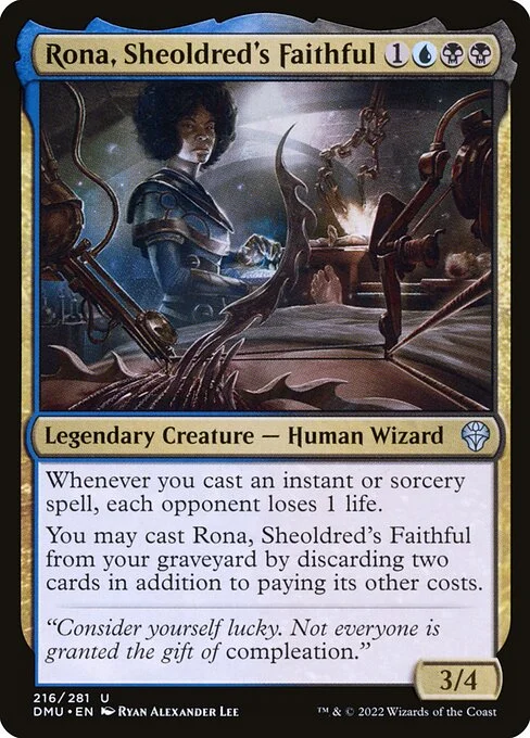 Rona, Sheoldred's Faithful, carta Magic di tipo Legendary Creature — Human Wizard illustrata da Ryan Alexander Lee
