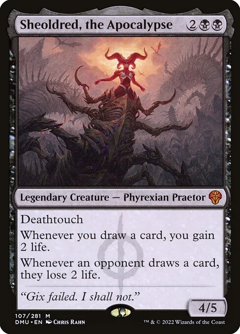 Sheoldred, the Apocalypse, carta Magic di tipo Legendary Creature — Phyrexian Praetor illustrata da Chris Rahn