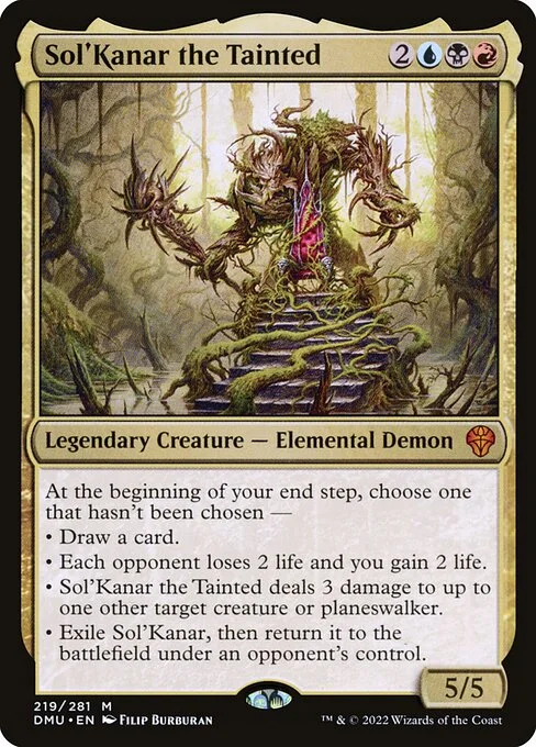 Sol'Kanar the Tainted, carta Magic di tipo Legendary Creature — Elemental Demon illustrata da Filip Burburan