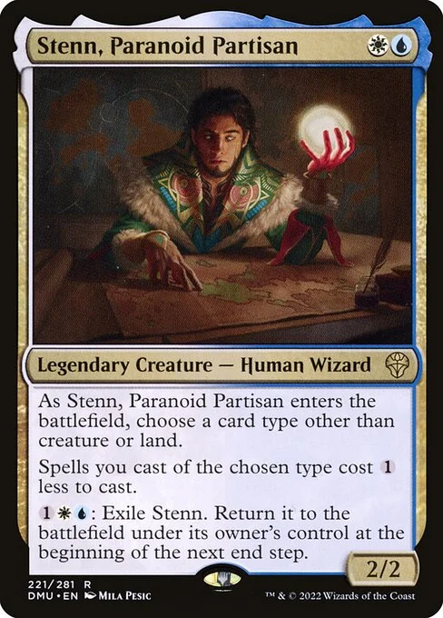Stenn, Paranoid Partisan, carta Magic di tipo Legendary Creature — Human Wizard illustrata da Mila Pesic