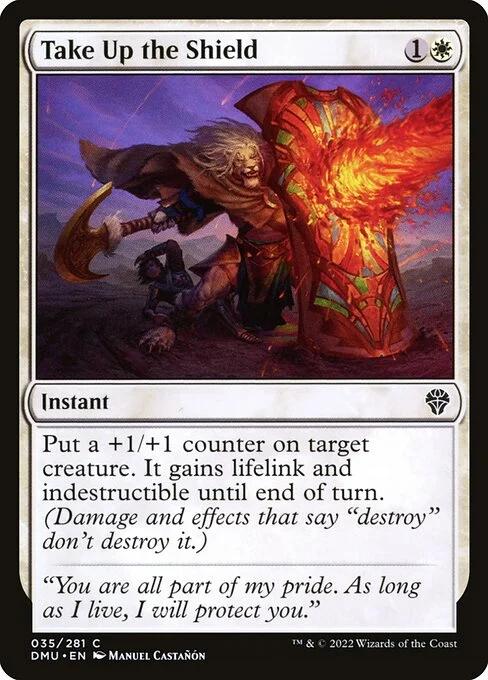 Take Up the Shield, carta Magic di tipo Instant illustrata da Manuel Castañón