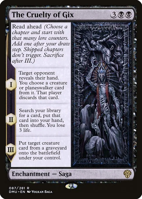 The Cruelty of Gix, carta Magic di tipo Enchantment — Saga illustrata da Volkan Baǵa