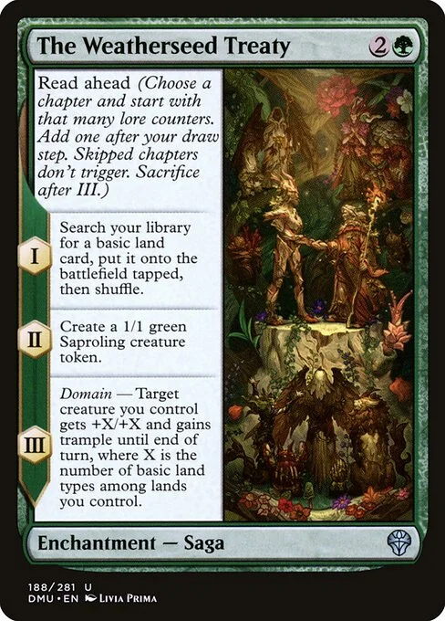 The Weatherseed Treaty, carta Magic di tipo Enchantment — Saga illustrata da Livia Prima