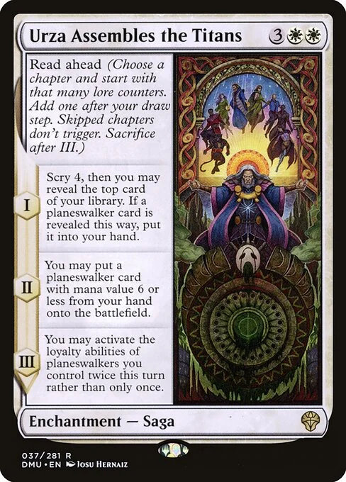 Urza Assembles the Titans, carta Magic di tipo Enchantment — Saga illustrata da Josu Hernaiz