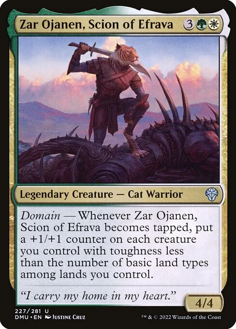 Zar Ojanen, Scion of Efrava, carta Magic di tipo Legendary Creature — Cat Warrior illustrata da Justine Cruz