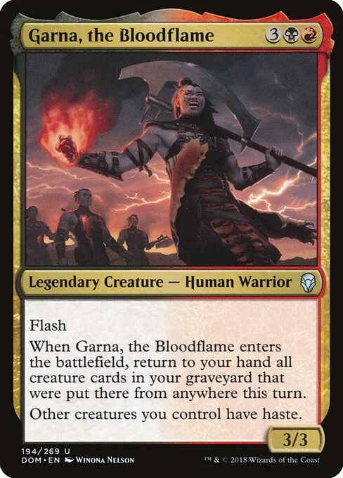 Garna, the Bloodflame, carta Magic di tipo Legendary Creature — Human Warrior illustrata da Winona Nelson