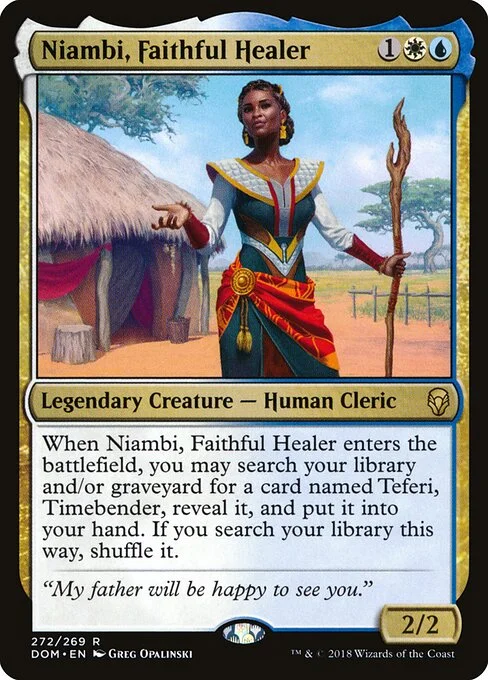 Niambi, Faithful Healer, carta Magic di tipo Legendary Creature — Human Cleric illustrata da Greg Opalinski