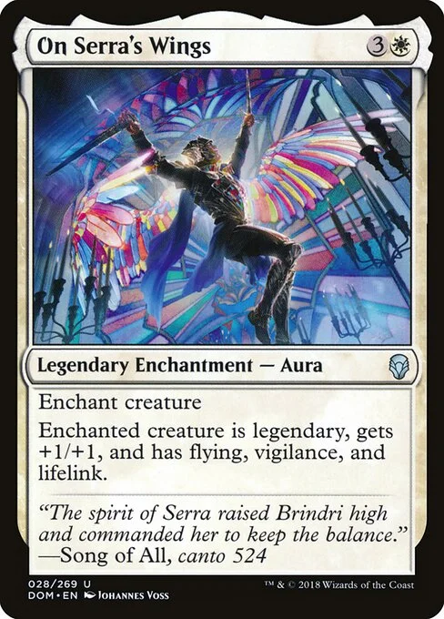 On Serra's Wings, carta Magic di tipo Legendary Enchantment — Aura illustrata da Johannes Voss