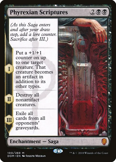 Phyrexian Scriptures, carta Magic di tipo Enchantment — Saga illustrata da Joseph Meehan