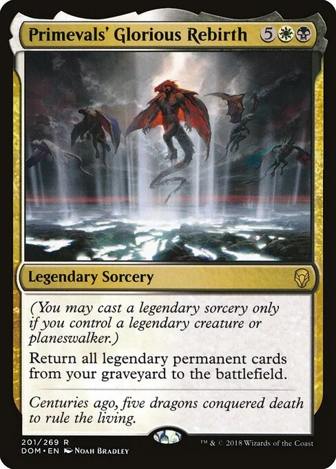 Primevals' Glorious Rebirth, carta Magic di tipo Legendary Sorcery illustrata da Noah Bradley