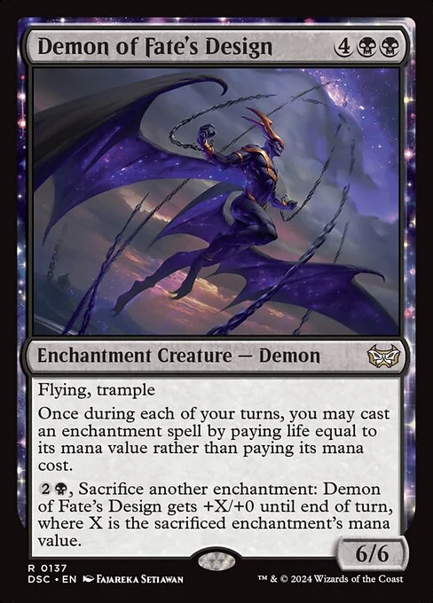 Demon of Fate's Design, carta Magic di tipo Enchantment Creature — Demon illustrata da Fajareka Setiawan