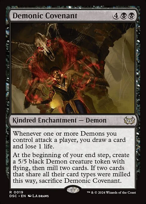 Demonic Covenant, carta Magic di tipo Kindred Enchantment — Demon illustrata da L.A. Draws