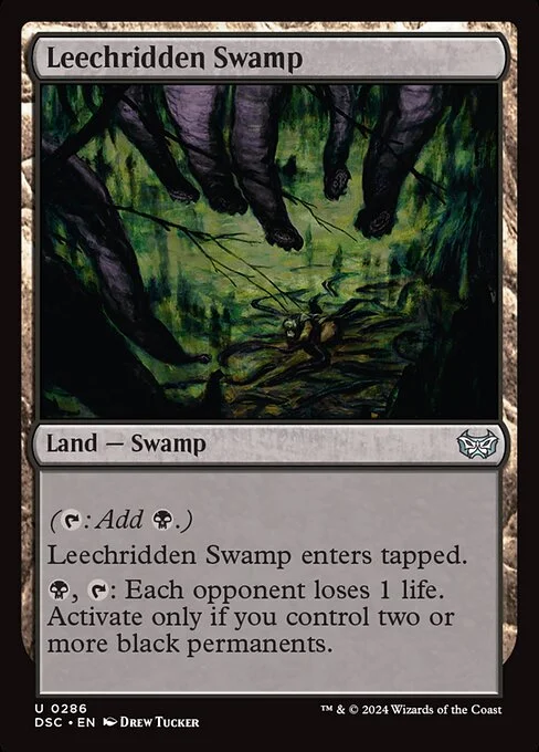 Leechridden Swamp, carta Magic di tipo Land — Swamp illustrata da Drew Tucker