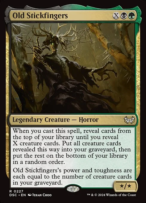 Old Stickfingers, carta Magic di tipo Legendary Creature — Horror illustrata da Jehan Choo