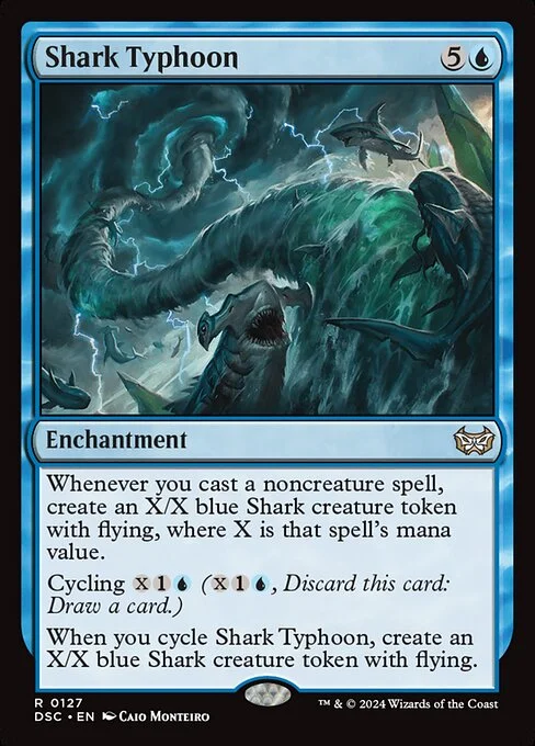Shark Typhoon, carta Magic di tipo Enchantment illustrata da Caio Monteiro