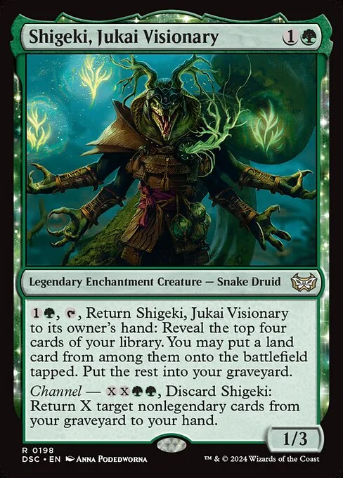 Shigeki, Jukai Visionary, carta Magic di tipo Legendary Enchantment Creature — Snake Druid illustrata da Anna Podedworna