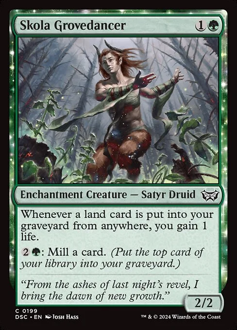 Skola Grovedancer, carta Magic di tipo Enchantment Creature — Satyr Druid illustrata da Josh Hass