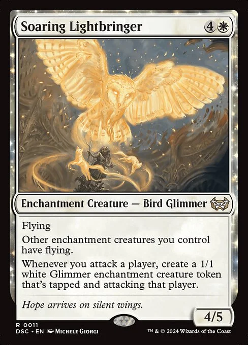 Soaring Lightbringer, carta Magic di tipo Enchantment Creature — Bird Glimmer illustrata da Michele Giorgi